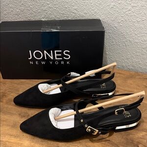 Jones New York Black Suede Pointed Slingback Flats with Metallic Heel Accent